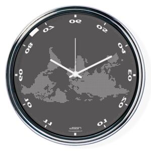Tmavo šedé vodorovne zrkadlené hodiny s mapou