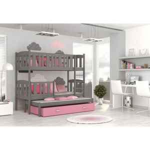 Detská poschodová posteľ KUBA 3 color + matrac + rošt ZADARMO, 184x80 cm, šedá/ružová