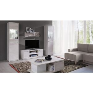 Obývacia stena KOLOREDO 2 + LED - TV stolík RTV2D + 2x vitrína s LED + konf. stolík + polička, dub biely/biala lesk