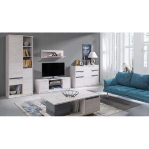 Obývacia stena KOLOREDO 1 - regál + TV stolík RTV2D + komb. komoda + konf. stolík + polička, dub biely/grafit lesk