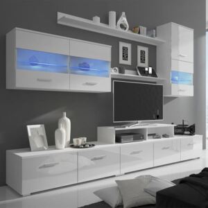Televízna 7-dielna obývacia zostava nábytku s LED osvetlením, 250 cm, vysoko-lesklá biela