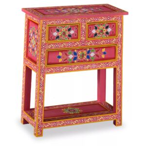 Prístavný stolík z mangovníkového dreva so zásuvkami, ružový, ručne maľovaný