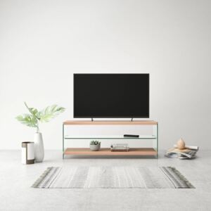 TV stolík, sklo a MDF s vysokým leskom, dubová farba