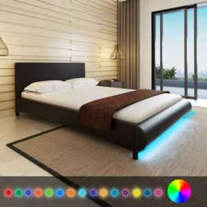Koženková posteľ 140 x 200 cm s LED čierna, matrac s pamäťovou penou