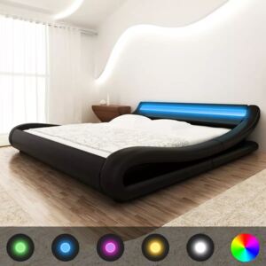Vlnitá posteľ s LED pásom a matracom z pamäťovej peny, umelá koža, 140x200 cm, čierna