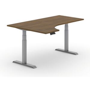 Výškovo nastaviteľný stôl, elektrický, 625-1275 mm, ergonomický ľavý, doska 1800x1200 mm, orech, sivá podnož