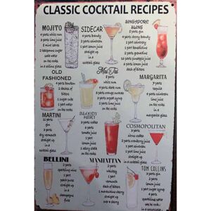 Ceduľa Classic Cocktail Recipes 30cm x 20cm Plechová tabuľa