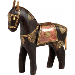 Industrial style, Drevený kôň - starožitná čierna a zlatá s patinou 16x14x3cm (1293)
