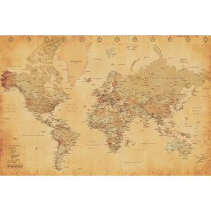 Plagát, Obraz - Starožitná mapa sveta, (91,5 x 61 cm)