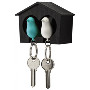 Nástenný držiak s kľúčenkami Qualy Duo Sparrow, hnedá búdka/ biela + modrá kľúčenka