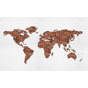 Fototapeta, Tapeta Mapa sveta - tehlová stena, (312 x 219 cm)