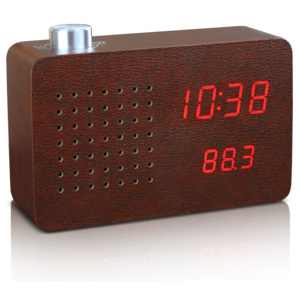 Hnedý budík s červeným LED displejom a rádiom Gingko Click Clock