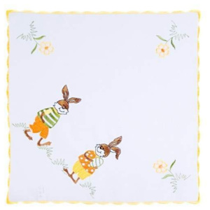 Goldea Veľkonočný obrus vyšívaný "Dva zajačikovia" - štvorcový 40 x 40 cm