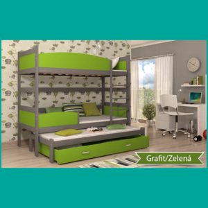 Poschodová posteľ s prístelkou Twist 3 grafit - zelená 180x80
