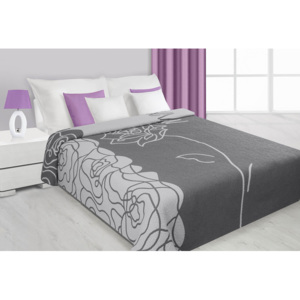 Obojstranný luxusný prehoz bavlnený tmavosivý so vzorom ruží 170x210 cm (prehozy na posteľ)