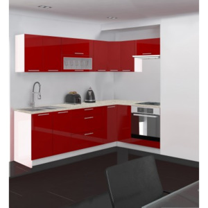 Emilia - Kuchyňa rohová, 250/150 L (červená, travertín svetlý)