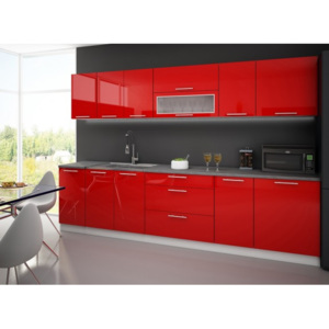 Emilia - Kuchynský blok A, 300 cm (červená, travertin svetlý)