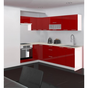 Emilia - Kuchyňa rohová, 150/250 P (červená, travertín svetlý)