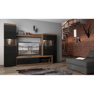 Obývacia stena SICILY (hidalgo/čierny lesk)+LED podsvietenie (Luxusná obývacia stena v prevedení hidalgo/čierny lesk)