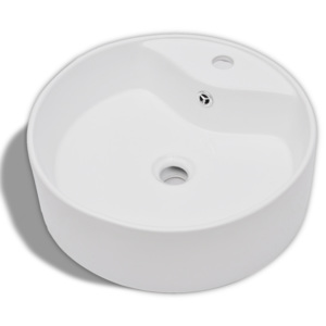 Biele okrúhle keramické umývadlo do kúpeľne s otvorom na batériu