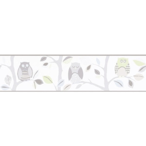 Papierová bordúra samolepiaca, motív sovy, šedo-bielo-zelená