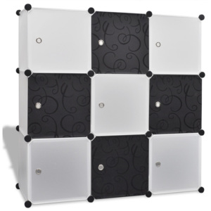 Čierno biela skrinka v tvare kocky s 9 priečinkami 110 x 37 cm