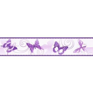 Papierová bordúra samolepiaca, motív motýľ, bielo-fialová