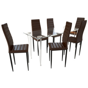 Kuchynský set, 6 hnedých stoličiek s úzkymi líniami + 1 sklenený stôl