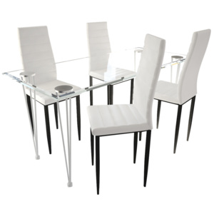 Kuchynský set, 4 biele stoličky s úzkymi líniami + 1 sklenený stôl