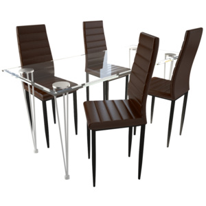 Kuchynský set, 4 hnedé stoličky s úzkymi líniami + 1 sklenený stôl