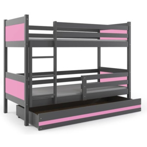 Poschodová posteľ BALI + UP + matrac + rošt ZADARMO, 190x80 cm, grafit/ružový