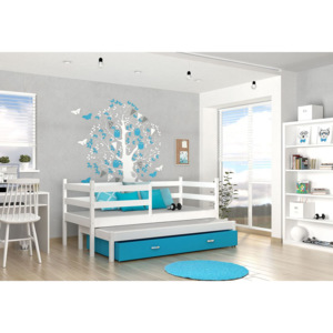 Drevená detská posteľ RACEK P2 color + matrac + rošt ZADARMO, 184x80 cm, biela/modrá