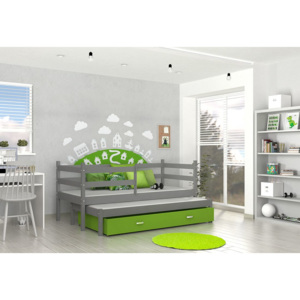 Drevená detská posteľ RACEK P2 color + matrac + rošt ZADARMO, 184x80 cm, šedá/zelená