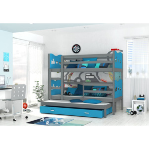Detská drevená poschodová posteľ FOX 3 color + matrac + rošt ZADARMO, 184x80 cm, šedá/srdce/modrá