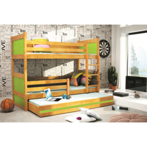 Poschodová posteľ s prístilkou FIONA 3, 80x190 cm, jelša/zelená