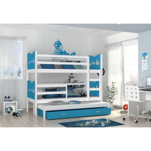 Detská drevená poschodová posteľ FOX 3 color + matrac + rošt ZADARMO, 184x80 cm, biela/srdce/modrá