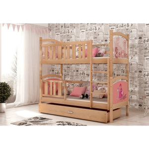 Detská posteľ DOBBY s rozprávkovými vzormi, 190x80 cm, obojstranný tisk, borovica/vzor dolný 09, horný 10