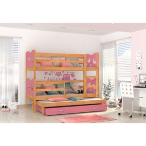 Detská drevená poschodová posteľ FOX 3 + matrac + rošt ZADARMO, 184x80 cm, olcha/motýl/ružová