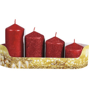 Sviečky adventné stupňovité červené s glitrami 4ks