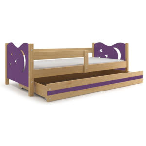 Detská posteľ so zábranou MIKULÁŠ, 80x160 cm, borovica/fialový