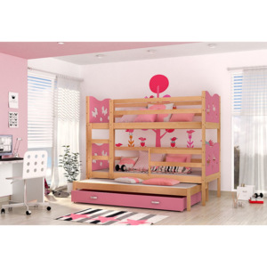 Detská drevená poschodová posteľ FOX 3 + matrac + rošt ZADARMO, 184x80 cm, borovice/srdce/ružová