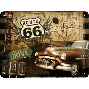Donga Plechová ceduľa: Route 66 (Drive, Eat) - 15x20 cm