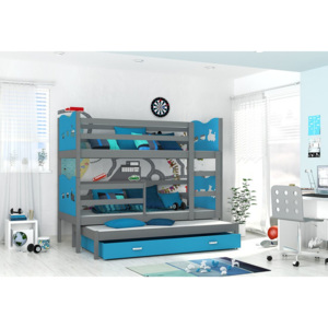 Detská drevená poschodová posteľ FOX 3 color + matrac + rošt ZADARMO, 184x80 cm, šedá/vláčik/modrá
