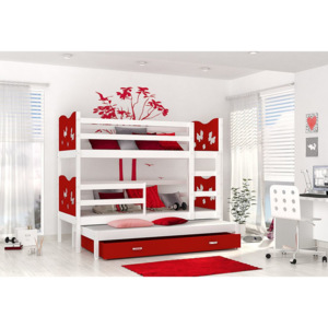 Detská drevená poschodová posteľ FOX 3 color + matrac + rošt ZADARMO, 184x80 cm, biela/motýl/biela