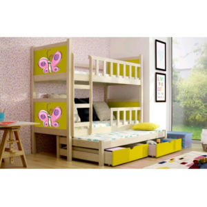 Detská poschodová posteľ HURVÍNEK 3, borovica, žltá výplň, lavý rebrík, 9