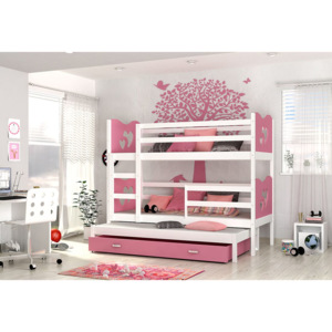 Detská drevená poschodová posteľ FOX 3 color + matrac + rošt ZADARMO, 184x80 cm, biela/srdce/biela