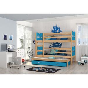 Detská drevená poschodová posteľ FOX 3 + matrac + rošt ZADARMO, 184x80 cm, borovice/srdce/modrá