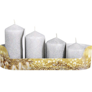 Sviečky adventné stupňovité strieborné s glitrami 4ks