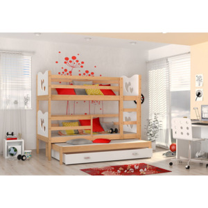 Detská drevená poschodová posteľ FOX 3 + matrac + rošt ZADARMO, 184x80 cm, borovice/srdce/biela