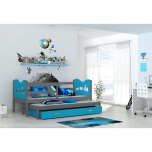 Detská drevená posteľ FOX P2 color + matrac + rošt ZADARMO, 184x80 cm, šedá/srdce/modrá